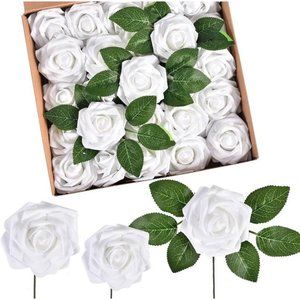 25 count | White Roses Faux Flowers with Stems Wedding Bouquet Centerpiece Decor